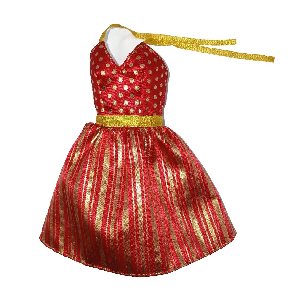 Barbie Doll Halter Dress Red and Gold Satin Polka Dot and Striped Holiday Party